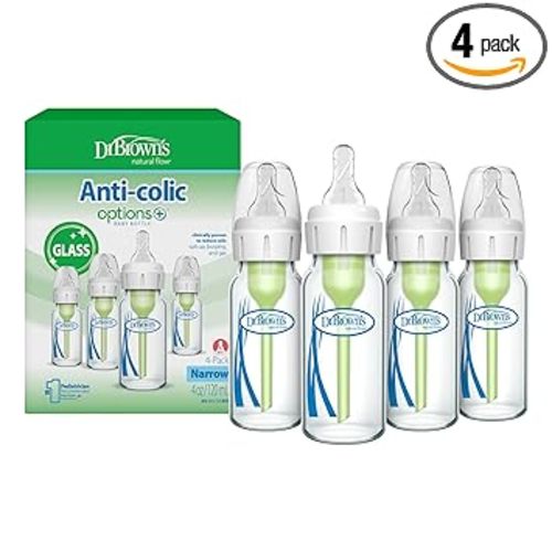 Dr. Brown's Anti-Colic Options+ Narrow Glass Baby Bottle with Level 1 Slow Flow Nipple, BPA-Free, 4 oz/120mL, 4-Pack