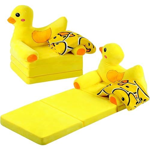 Duck Kids Couch Fold Out 2-in-1 Toddler Sofa Fold Out with Blanket, Soft Toddler Chair Comfy for Boys Girls Baby, Convertible Sofa to Lounger for Napping Reading Playing Christmas, Yellow