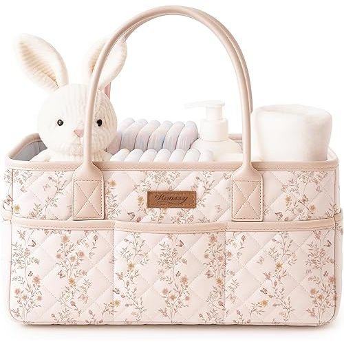 Konssy Floral Quilted Diaper Caddy Organizer, Diaper Caddy Basket with PU Leather Handles, Water-Repellent Nursery Storage Basket, Portable Car Organizer, Registry Search Must Haves (Floral)