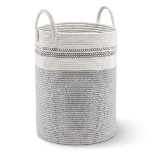 Cheer Collection Large Cotton Rope Laundry Hamper with Handles – Tall Woven Basket for Clothes, Toys, Blankets - 2 Tone Gray