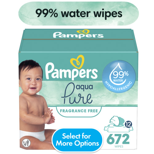Pampers Aqua Pure Baby Wipes, 99% water, Unscented, 12-Pack 672 Wipes (Select for More Options)