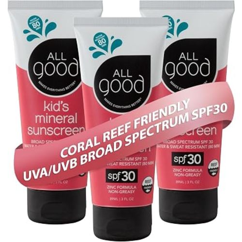 All Good Baby & Kids Sunscreen Lotion for Face & Body - UVA/UVB Broad Spectrum, SPF 30, Zinc Oxide, Coral Reef Friendly, Water Resistant - Zinc, Shea Butter, Coconut Oil, Aloe (3 oz)(3-pack)