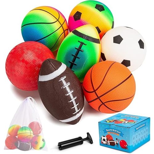 Balls for Toddlers Kids - 7 Pack 5" Small Playground Balls Soft Rubber - Indoor Outdoor Toddler Toys - 2 Footballs, 2 Basketballs, 2 Soccer Balls 1 Kickball -Birthday Gift Boys Girls 1-3 3-5