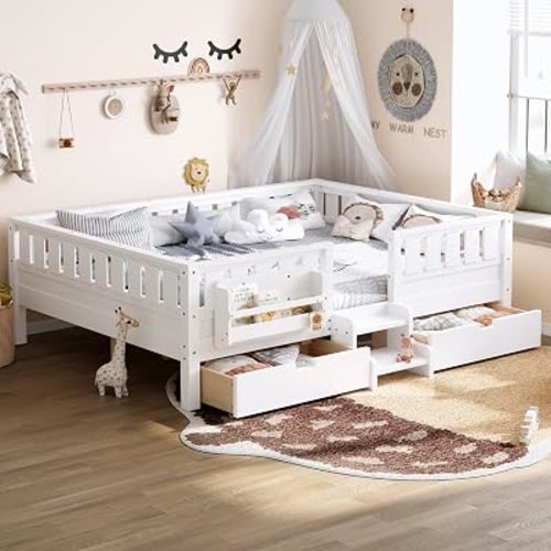 Bellemave Queen Size Bed with Slats and Stairs, Queen Size Platform Bed Frame with Fence, Bookshelf and Storage Drawers, Easy Assemble Beds for Girls, Boys, White