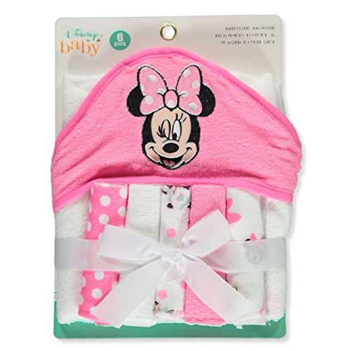 Cudlie Accessories Disney Baby Minnie Mouse Hooded Towel with 5 Piece Washcloth Set, Cute Face Print, GS71797 Pink one size
