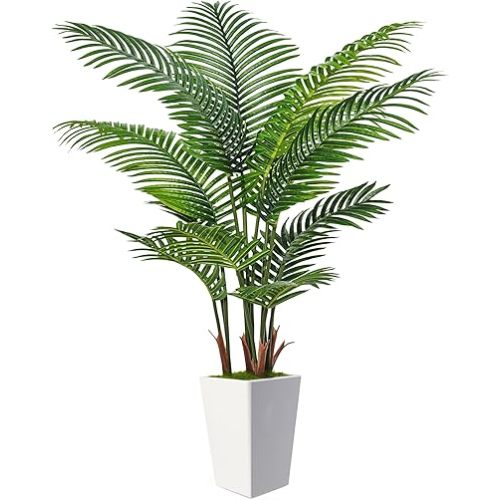 6FT Artificial Palm Tree, Tall Faux Palm Tree Indoor with Fake Plants Tall, Artificial Plants with Lifelike Leaves for Home Office Decor (White)