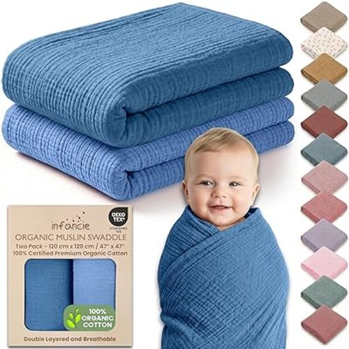 100% Organic Cotton Muslin Baby Blanket - 47 x 47 Inch Breathable Muslin Swaddle Blanket, Hypoallergenic Double-Layer, Soft and Cozy Blankets for Sleeping & Everyday Use (Slate/Aquarius)