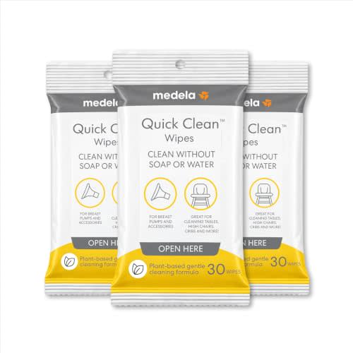 Medela Quick Clean Breast Pump Wipes, Plant-Based, 90 count | Fragrance-Free, No-Rinse. Resealable Pack. Multi-purpose for Baby Bottles, Baby Gear, Breast Pump Parts. 3 Packs of 30
