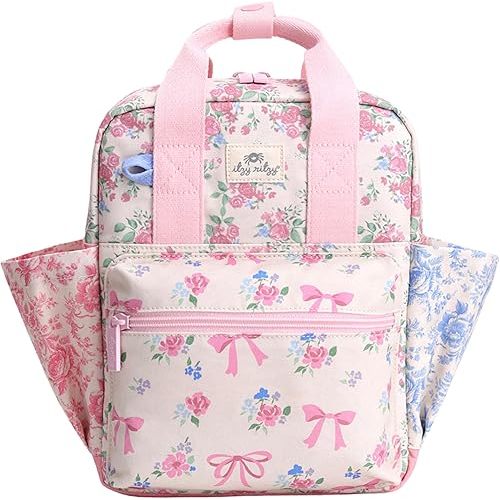 Itzy Ritzy Toddler Backpack - Daycare Bag - Features Adjustable Shoulder Straps, 2 Side Pockets & Spacious Interior with Wipeable Fabric Lining & Name Label, Ribbons & Roses Backpack