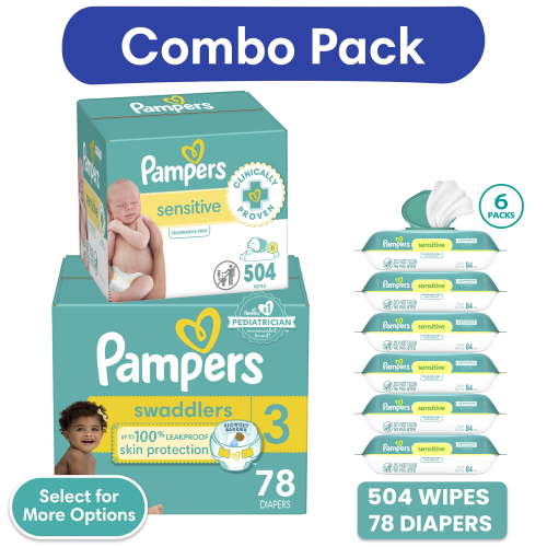 Pampers Swaddlers Diapers, Size 3, 78 Count and Pampers Sensitive Baby Wipes 6-Pack 504 Wipes (Select for More Options)