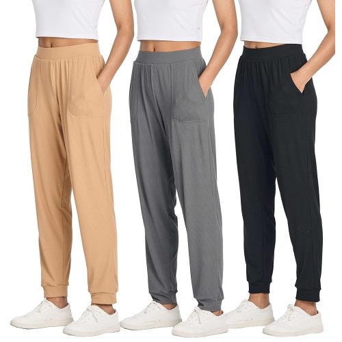 Real Essentials 3 Pack: Women's Ribbed Lounge Jogger Cuffed Yoga SweatpantsPockets (Available in Plus)