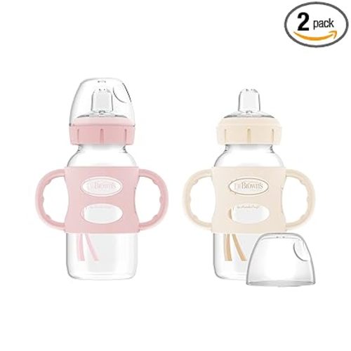 Dr. Brown's Milestones Wide-Neck Sippy Spout Bottle with 100% Silicone Handles, Easy-Grip Handles with Soft Sippy Spout, 9oz/270mL, Light-Pink & Ecru, 2-Pack, 6m+
