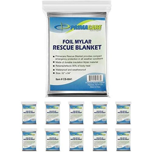 Primacare HB-10 Emergency Mylar Thermal Blankets – 10 Pack, 84" x 52", Silver – Reflective, Waterproof, Retains 90% Body Heat – for Survival, First Aid, Outdoors, Camping, EMS