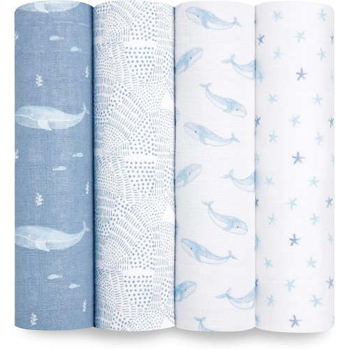 aden + anais Organic Cotton Muslin Swaddle Blanket, Blue Oceanic, Unisex, 4-Pack