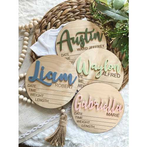 Custom Baby Name Circle - Milestone Card - Hospital Sign - Birth Stat Sign - Birth Announcement - Engraved Wooden Photo Prop - 3D Plaque