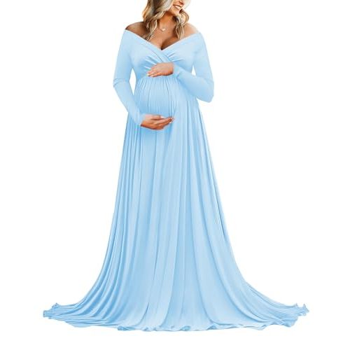 Saslax Maternity Off Shoulders Half Circle Gown for Baby Shower Photo Props Dress