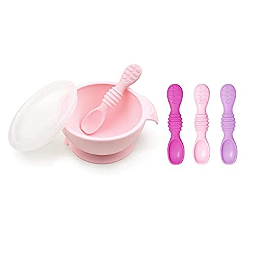 Bumkins Silicone Feeding Set With Suction for Baby and Toddler - Includes Bowl, 4 Spoons, Lid - First Feeding Set, Training Essentials for Led Weaning, 4 Months Up - Pink
