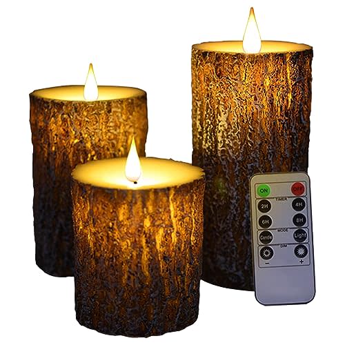 NICEME LED Pine Bark Flameless Candles Set of 3 Real Wax Battery Operated Candles Flickering Teardrop Wick Electric Decorative Pillar Bark Candles with Remote Timer, D3 x H4 5" 6"