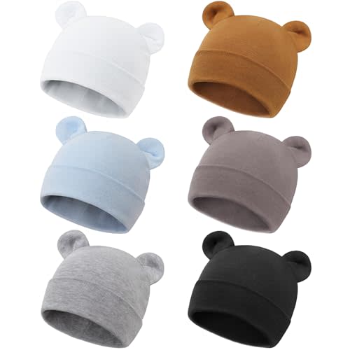 DRESHOW BQUBO 6 Pcs Newborn Baby Beanie with Bear Ears Cotton Hospital Hat Preemie Infant Caps for Baby Boy Girls 0-6 Months