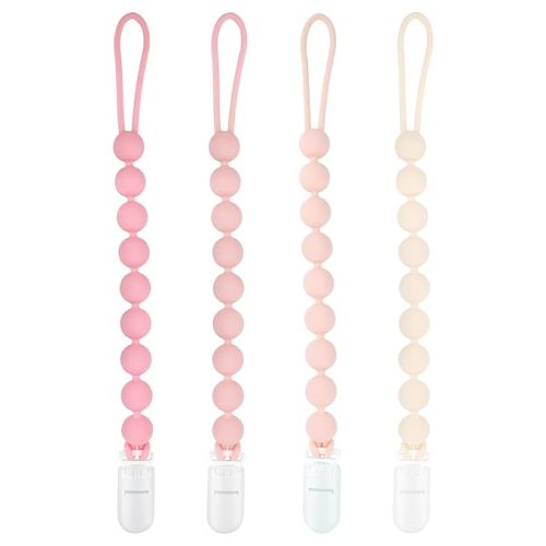 Baby Girl Newborn Essentials, 4 Pack Silicone Pacifier Clips for Girls, One Piece Flexible Soft Binky Clips Baby Stuff and Gifts for Girls