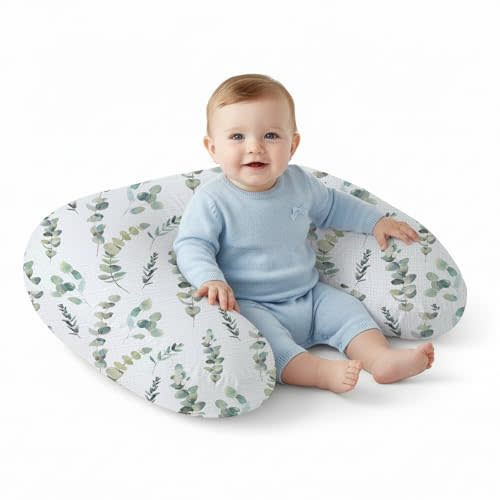 Little Grape Land Muslin Nursing Pillow, Soft 100% Cotton Breastfeeding Pillow with Breathable Removable Cover, Green Leaves Breast Feeding Pillows for Babies 0-12 Months with Protective Zipper