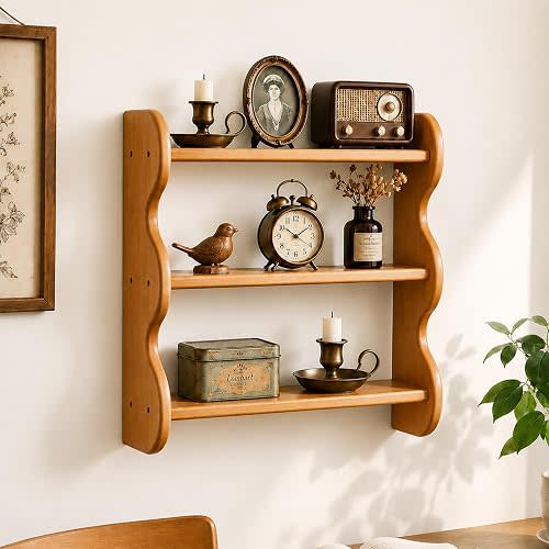 Solid Wood Wall Shelf 3-Tier, Easy Assembly Floating Shelves with Sturdy Durable Wood Construction, Rustic Wall Mounted Storage Rack for Farmhouse Decor, Apartment, Living Room and Bedroom wood color