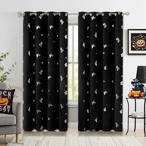 Jubilantex Black Silver Butterfly Blackout Curtains 84 Inches Long for Bedroom Kids Bedroom Nursery Floral Print Window Curtains Grommet Top,2 Panels