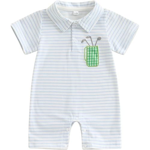 Baby Boy Summer Outfit Short Sleeve Embroidery Collared Romper Lapel Button Striped Bodysuit Jumpsuit Clothes