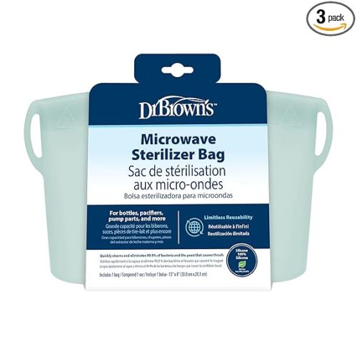 Dr. Brown's Microwave Steam Sterilizer Bag for Baby Bottles, Breast Pump Parts & Other Toddler Accessories, 100% Silicone, Reusable Sterilizing Bag