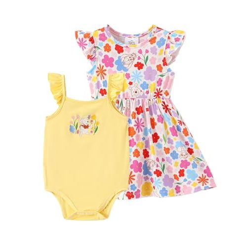 Disney Baby Girls Bodysuit and Round Neck Ruffle Sleeve Dress Clothes Outfit Set for Newborn to Infant