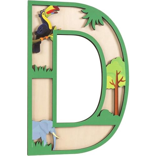 3D Layered Safari Nursery Wooden Letters for Wall Decor, 11.8" Green Large Baby Name Sign for Nursery, Animal Wood Alphabet Letter D Kids Room Initials for Front Door Shelf Home Decorations