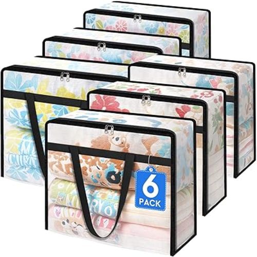 6 Pack Clear Storage Bags for Comforter, Clothes & Bedding, Plastic Blanket Storage with Zipper and Handle, Moving Bags, Closet Organizer and Under-Bed Storage (90L)