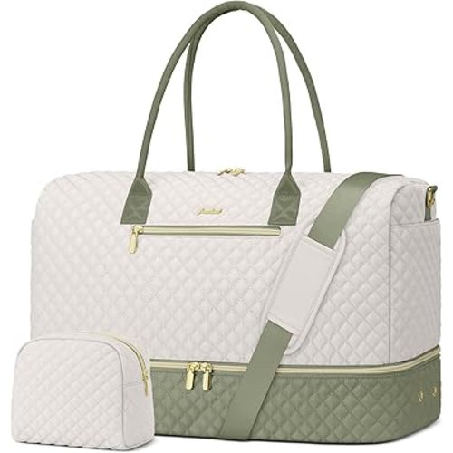 Travel Weekender Duffle Bags for Women - Duffel Bag with Shoe Compartment Carry On Overnight Bag with Toiletry Bag with Wet Pocket for Gym Hospital Bags for Labor and Delivery Beige Green