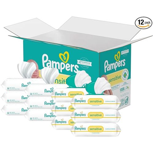 Pampers Sensitive Baby Wipes, Water Based, Hypoallergenic and Unscented, 8 Flip-Top Packs, 4 Refill Packs (1008 Wipes Total)