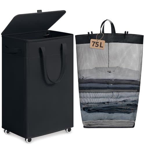 Goodpick Black Laundry Basket with Wheels and Lid, 75L Rolling Laundry Hamper for Dorm Bathroom, Large Tall Dirty Clothes Hamper with Removable Wash Bag, 16.5" x 12.5" x 27.5"