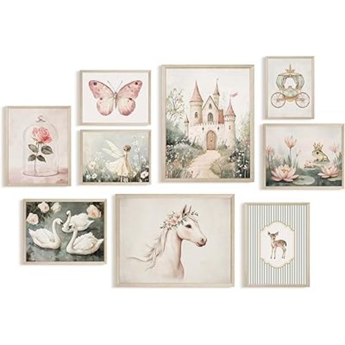 Vintage Fairy Nursery Wall Art Baby Girl Room Canvas Wall Decor Pink Fairytale Poster Pastel Floral Swan Paintings Magic Fantasy Pictures Pink Nursery Artwork for Girls Bedroom 8x10x9 Inch Wood Framed