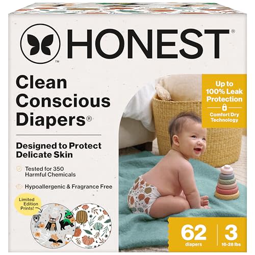 The Honest Company Clean Conscious Diapers for Delicate Skin | Up to 100% Leakproof | Hypoallergenic, Fragrance Free | Fall '25 Limited Edition Prints | Club Box, Size 3 (16-28 lbs), 62 Count