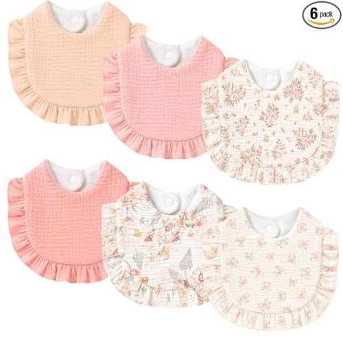 6 Pack Baby Bibs for Baby Girl, Ruffle Trim Muslin Bibs