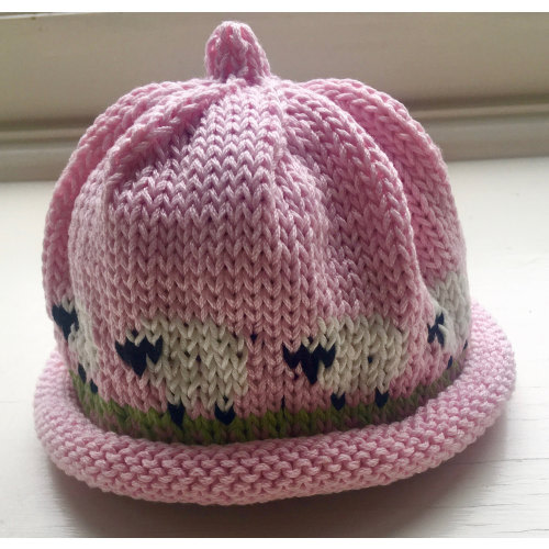 Hand Knit Pink Cotton Baby Hat with White Lambs (1 Year old)