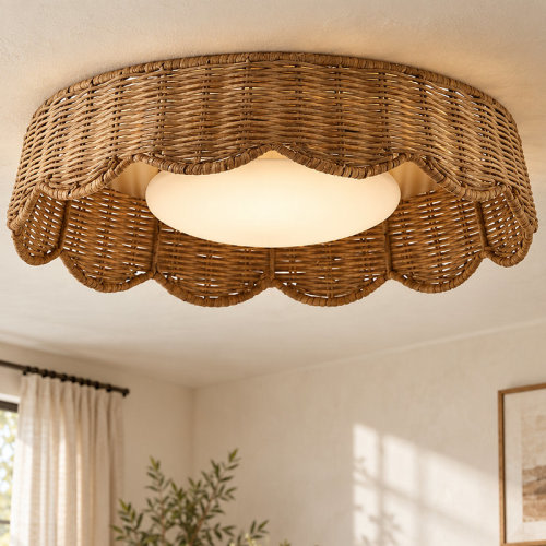Bungalow Rose 1-Light LED 16" Polished Brass Boho/Natural Farmhouse Rattan Drum Dimmabled Flush Mount for BedRoom/Entryway | Wayfair