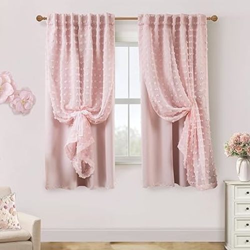 Lino Rosa Pink Sheer Blackout Curtains 63 Inch Length,Romantic Soft Rod Pocket Blackout Girly Curtains for Bedroom