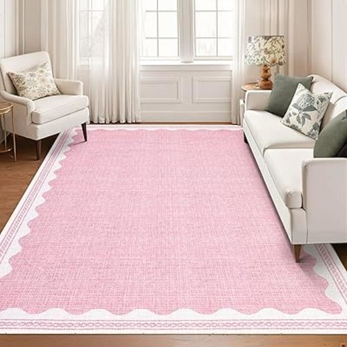 GarveeHome Scalloped Washable 8x10 Rugs for Living Room Non-Slip Solid Pink Modern Minimalism 8 x 10 Rug Low-Pile Carpet for Bedroom Dining Nursery Mat with Rubber Back