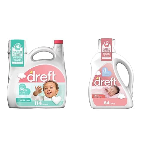 Bundle of Dreft Stage 2 Active Baby Liquid Laundry Detergent, 114 loads + Dreft Stage 1: Newborn Hypoallergenic Liquid Baby Laundry Detergent, Natural for Baby, Newborn, or Infant, 92 Oz (64 loads)