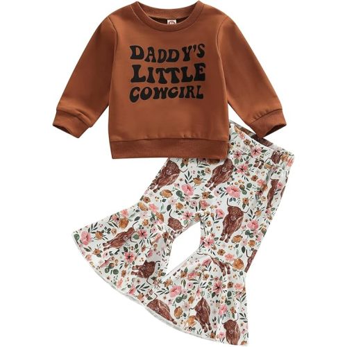 Karuedoo Toddler Baby Girl Western Outfit Letter Print Crewneck Sweatshirt Top Cow Flared Pants Set 2PCS Fall Winter Outfits