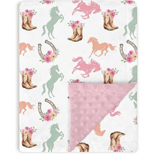 Pink Baby Blankets for Girls 30" x 40", Soft Double Layer Minky Blanket with Dotted Fleece Back, Nursery Bed Receiving Quilt Newborn Infant Toddler Shower Gift Horse Western Cowgirl Theme