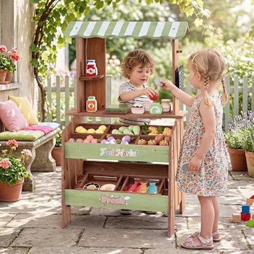 Costzon Wooden Grocery Store Pretend Play, Outdoor & Indoor Farm Market Stand w/Chalkboard & 40+ Accessories, Supermarket Playset for Kids, Solid Grocery Store Role Play Toy for Toddlers Ages 3+