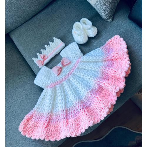 Beautiful crochet baby dress set with the dress, crown and shoes, fits three months to six months