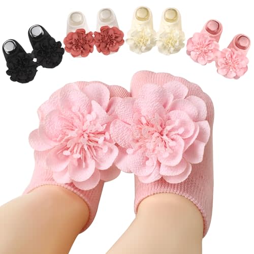 Baby Girl Socks with Non-Slip Grips, 4 Pairs Cute Soft Cotton Breathable Flower Infant Ankle Socks for Newborn