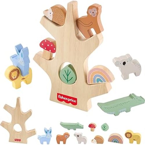 Fisher-Price Wood Stacking Toy Balance Tree, 10 Wooden Pieces for Developmental Play Preschool Kids Ages 3+ Years