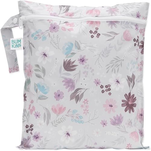 Bumkins Waterproof Wet Bag for Baby, Travel, Swim Suit, Cloth Diapers, Pump Parts, Pool, Beach, Gym Clothes, Toiletry, Hook to Stroller, Daycare, Zipper Reusable Wetdry Packing Pouch, Florals Gray